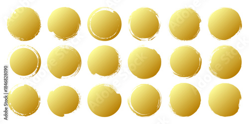 Golden grunge circles, brush strokes, lines, ink smudges, hand-drawn scribble shapes. Handmade sketchy marks, acrylic stains, charcoal streaks. Paint textures, dry brush effect. Vector illustration