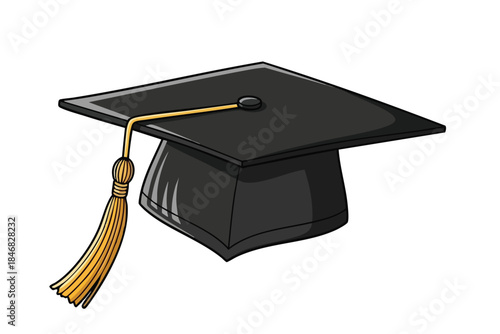 Illustration of a traditional graduation cap with a gold tassel on a white background