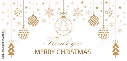 A delightful New Year's background with hanging golden balls and Merry Christmas text on a transparent background, design of winter holiday greeting cards or web banners. Vector illustration