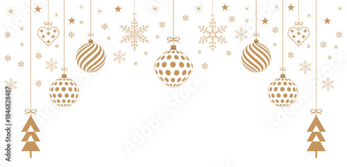A delightful Christmas background with hanging golden balls and snowflakes studded with stars on a transparent background, the design of winter holiday greeting cards or web banners. Vector illustrati