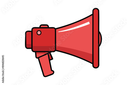 A simple, red megaphone with a handle, stylized with black outlines on white