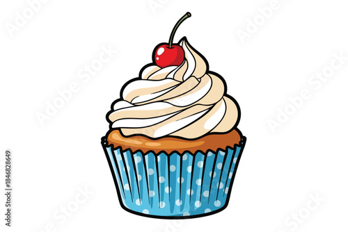 A cartoon cupcake with cream frosting, cherry and a dotted blue wrapper