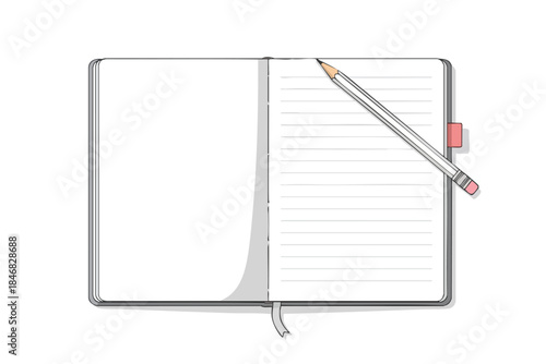 Open notebook with a pencil resting across the lined pages, with a bookmark and tab