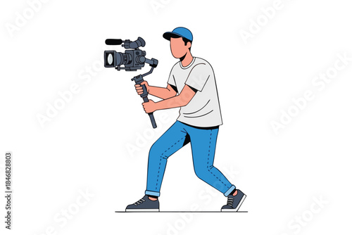 A person in a hat and jeans walks while holding a camera on a stabilizer
