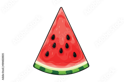 Triangular slice of juicy watermelon against a white background with black seeds