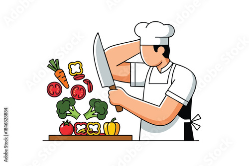 Chef in white outfit chopping vegetables with a large knife, food in the air