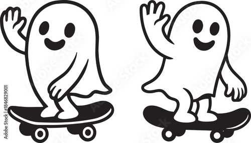 Cute Ghost on Skateboard silhouette isolate white background
