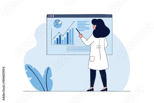 Woman in lab coat presents data on a screen with graphs, minimalist design