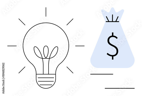 Lightbulb representing ideas alongside a money bag symbolizing financial gain and success. Ideal for business, entrepreneurship, innovation, startups, finance concepts, investment strategies