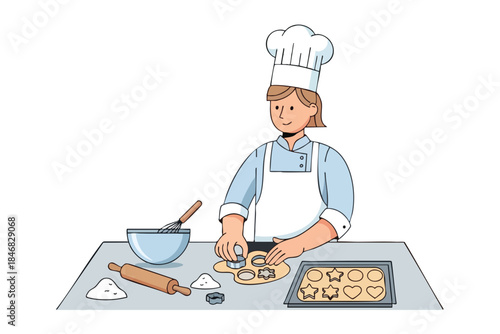 A cook in a white apron and hat is cutting dough with cookie cutters