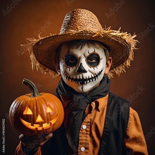 boy with Halloween makeup mask in straw hat scarecrow costume 