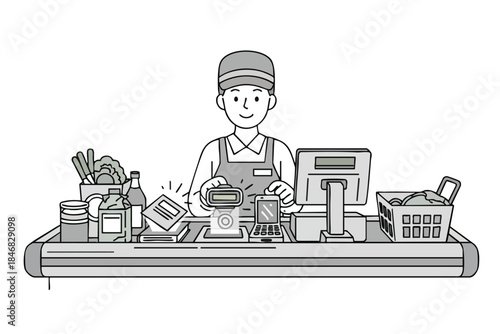 A cashier at a store scans items. Checkout counter with groceries and a smiling worker