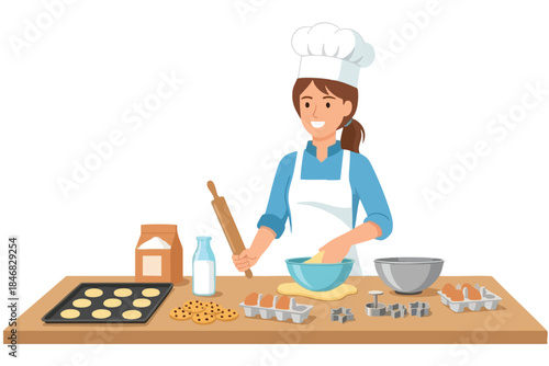 Smiling person in chef's hat bakes, ingredients and baked goods on counter