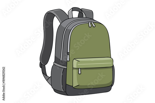 Illustration of a backpack with two zippers, a pocket, and padded shoulder straps