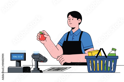 A cashier scans an apple at a checkout, with a basket of groceries and a screen showing $12.50