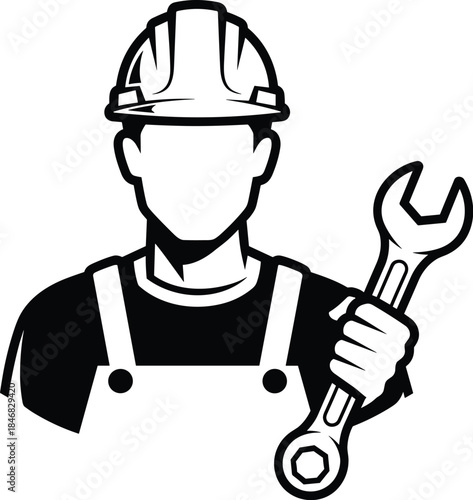 Mechanic wearing hard hat holding wrench silhouette worker person