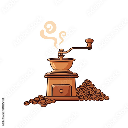 Vintage coffee grinder illustration with roasted beans and aromatic steam for beverage preparation concepts