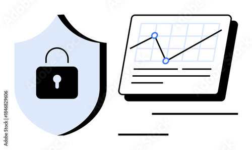 Shield with lock icon representing security and tablet displaying analytics graph. Ideal for cybersecurity, data protection, technology, business, analysis, privacy, and online tools. Simple flat