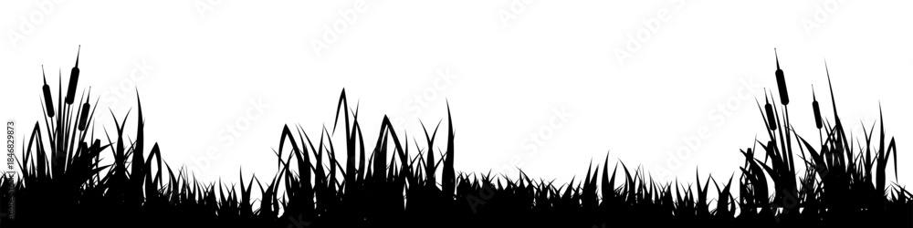 Obraz premium Meadow silhouette with grass, plants on plain. Panoramic summer lawn landscape with herbs, various weeds. Herbal border, frame element. Black horizontal banners. Vector illustration