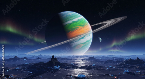 Colorful exoplanet rising over a barren alien landscape