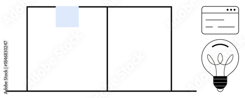 Business innovation, technology concepts, web design, creative ideas, workflow management, minimal aesthetics. Rectangular layout with a web interface and light bulb symbol. Innovation and technology