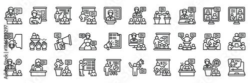 Public Speaking icon collection line style. containing Podium Speech, Teacher, Presentation, Training, Public Speaking, Public Lecture, Debate, Webinar, Online Meeting, Virtual Class