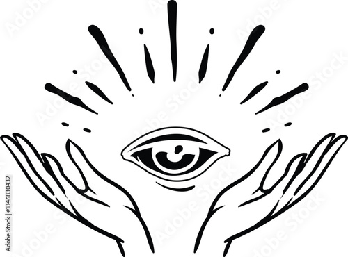 Mystical Hands Holding All Seeing Eye Vector Illustration