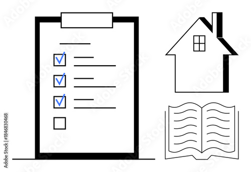 Project management, real estate planning, task completion, education, documentation, organization. A clipboard with checkboxes, house icon and open book. Real estate planning and project management