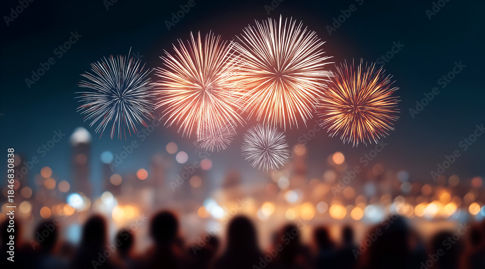 Obraz premium A vibrant nighttime scene showcasing colorful fireworks above a city skyline, celebrating an event with joy and excitement.