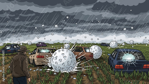 Hail storm damaging parked cars in a field with a man observing