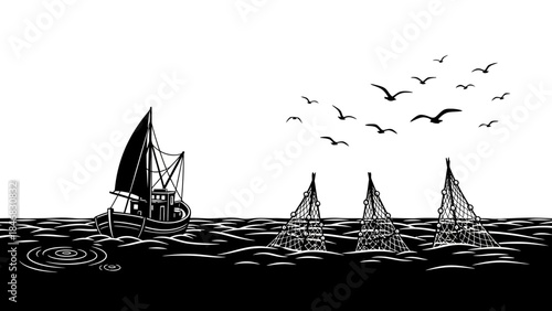 Fishing boat with nets and seagulls flying overhead at sea