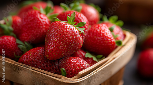 A vibrant display of fresh, ripe strawberries in a wooden basket, showcasing their natural sweetness and inviting color.