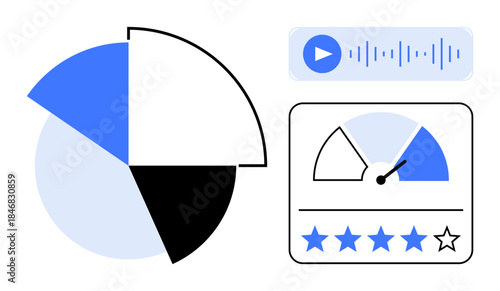 Data analytics. Graphics include a pie chart, player controls, and user feedback with ratings. Data analytics optimize user experience and decision-making. For business, UI design, dashboards, stats