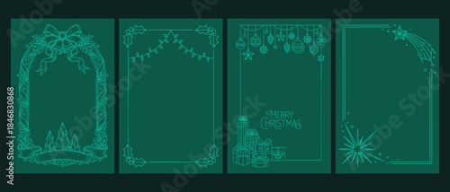 Four teal colored christmas framed designs featuring seasonal elements like ornaments trees and celebratory decorations