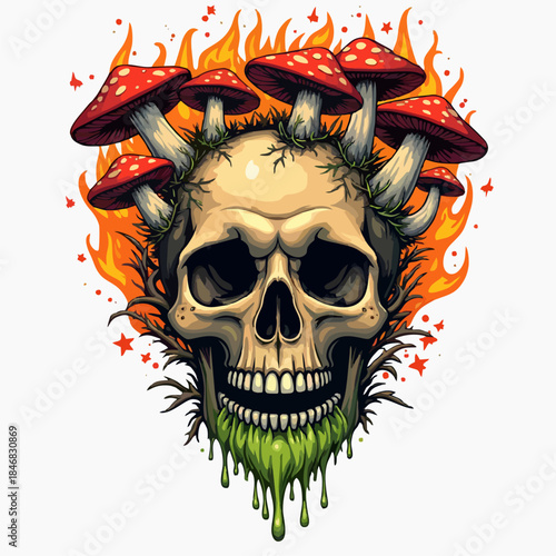 Vector t-shirt design with burning human skull with poisonous mushroom fly agaric on head, current paint on white background. Fashionable american print for fabric, paper, men clothing, hoodie, jacket