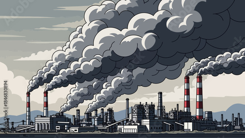 Polluting industrial landscape with smokestacks emitting smoke