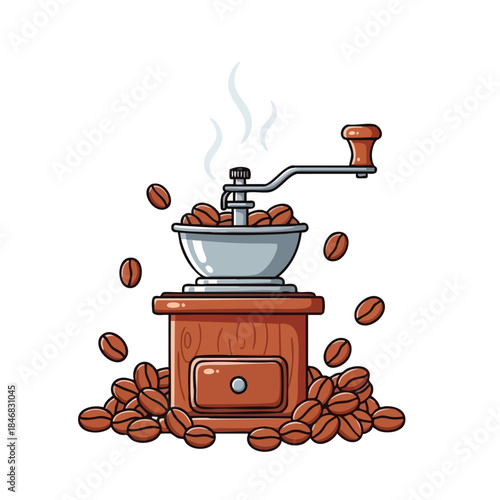 Traditional manual coffee grinder processing fresh beans on a clean white background for a visual representation
