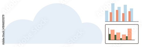 Cloud with bar graphs displaying data insights, showing analytic progression. Ideal for data analysis, cloud computing, statistics, business strategy, digital tools, information storage, and progress