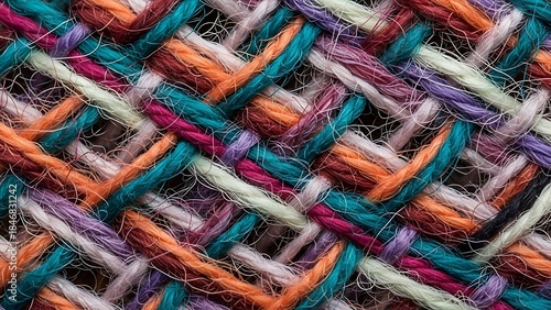 Close-up view of a vibrant, multi-colored woven textile with intricate diagonal patterns and visible thread textures.
