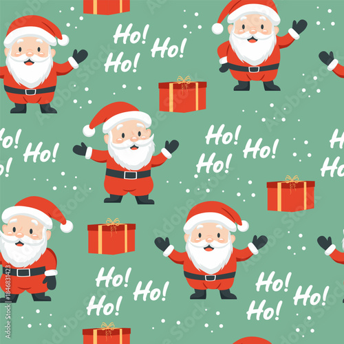Christmas seamless pattern. Cute Santa with gifts and  inscription - Ho Ho Ho. Vector background