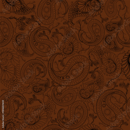 Seamless brown Paisley pattern featuring intricate teardrop shapes and elegant curved details Perfect for textiles, fashion prints, wallpapers,