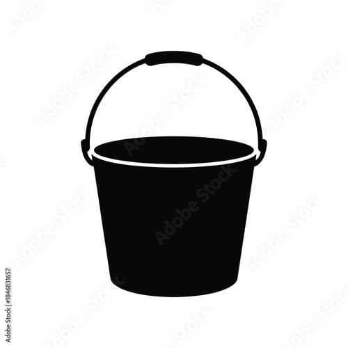 A simple black and white illustration of an empty bucket