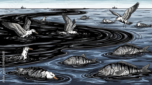 Polluted ocean with dead fish and seagulls struggling
