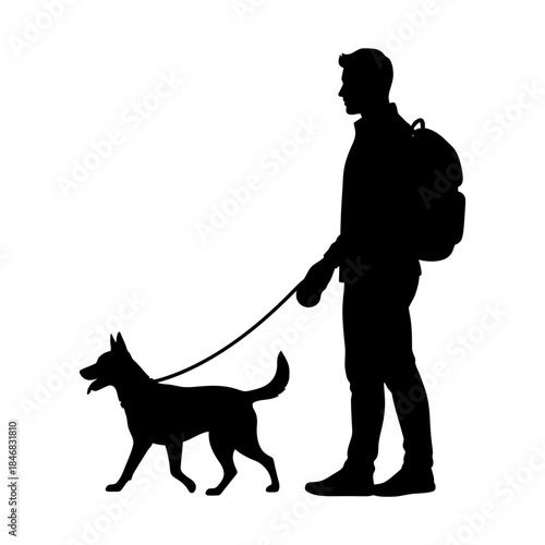Man Walking Dog Silhouette – Pet Owner Leash Outdoor Vector Illustration