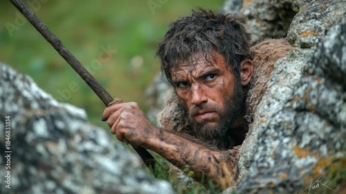 A primitive hunter emerges from the shadows. He is focused and alert. The wilderness surrounds him. Nature is his ally. A moment of survival. Generative AI