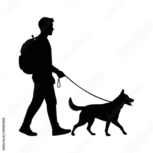 Man Walking Dog Silhouette – Pet Owner Leash Outdoor Vector Illustration
