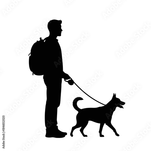 Man Walking Dog Silhouette – Pet Owner Leash Outdoor Vector Illustration