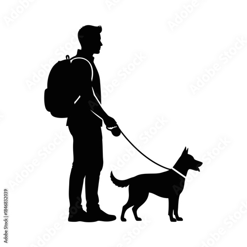 Man Walking Dog Silhouette – Pet Owner Leash Outdoor Vector Illustration