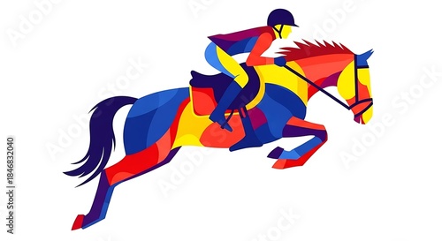 Vibrant equestrian illustration of horse and rider in dynamic motion
