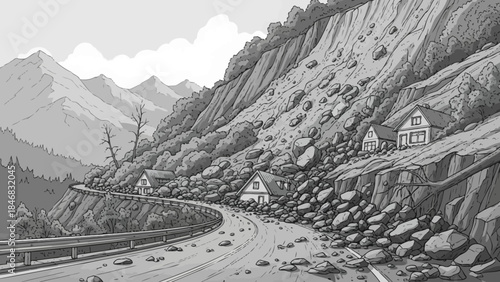 Rocky mountain road with houses on cliffside in grayscale
